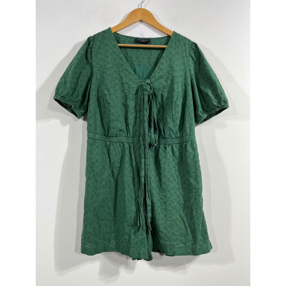 Lane‎ Bryant Nautical Preppy Green Eyelet Romper Resort Puff Sleeve Womens 14